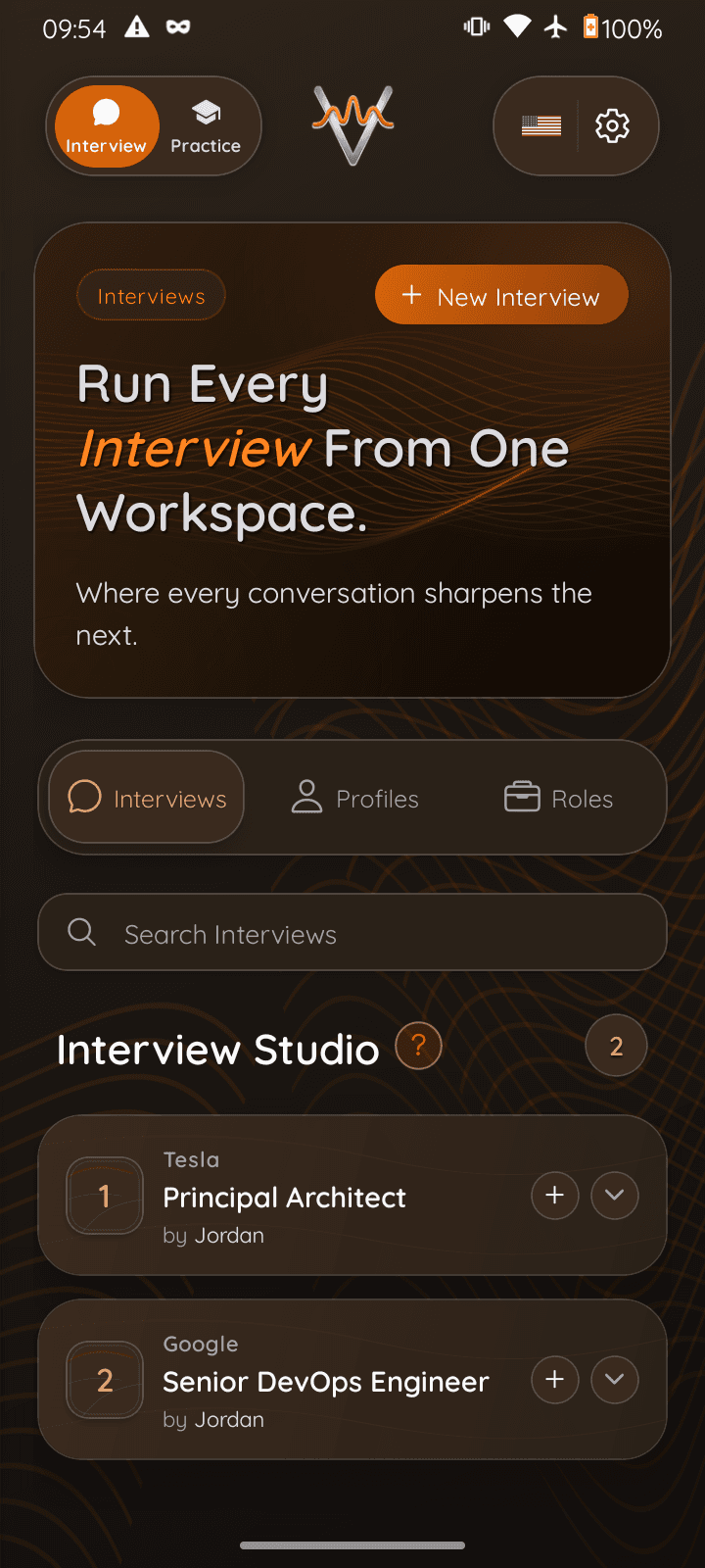 VOCO workspace home in English — interview list and studio.